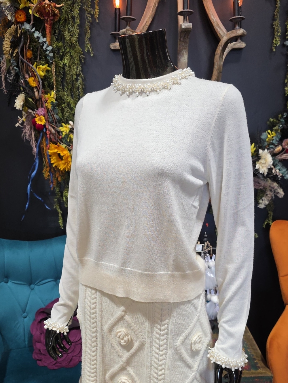 Zara Ivory Dress Sweater with Pearl Trim.